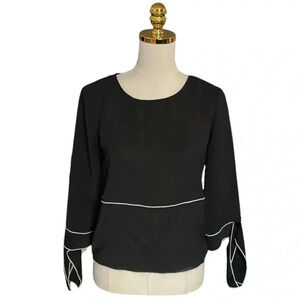 ZARA | Black White Piped Long Sleeve Crêpe de Chine Top Size XS